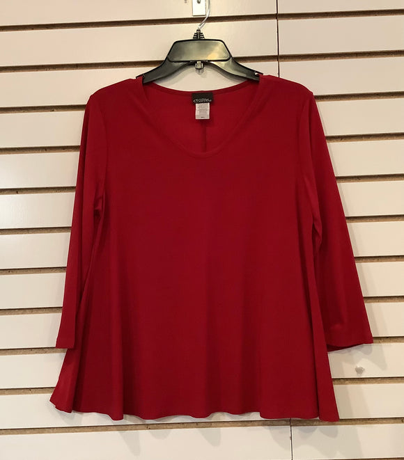Red V-Neck Flared Tunic Top w/ 3/4 Sleeve by Caribe