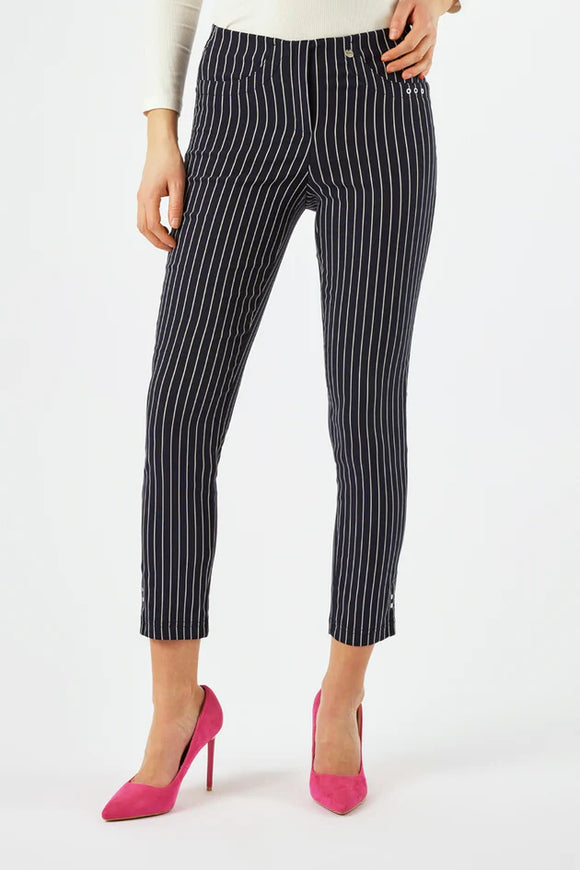 Navy w/White Pin Stripe Pull On Ankle Pants by Robell.