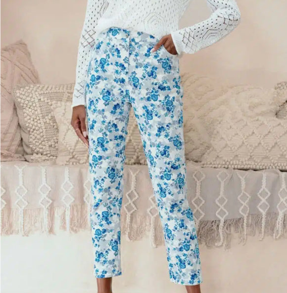 Teal/White Floral Jeans w/Front Zipper and Pockets by Alison Sheri.