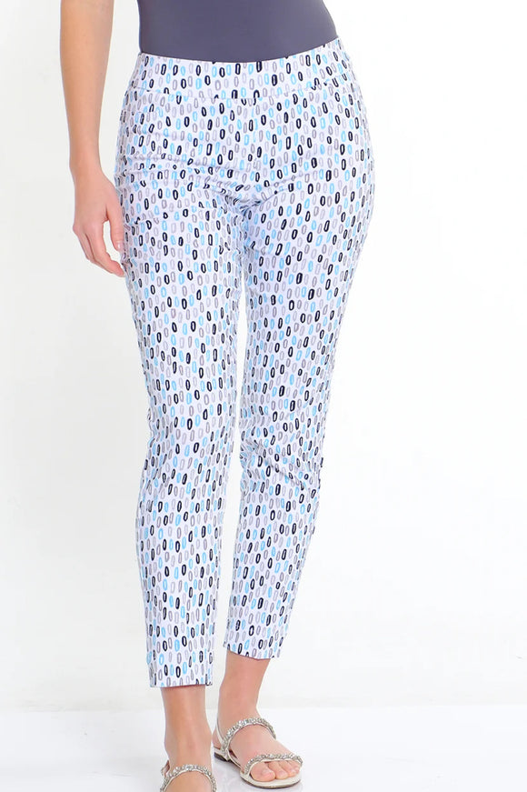 Slimsation White/Black/Aqua Geometric Print Pull On Ankle Pants w/Front and Rear Pockets by Multiples.