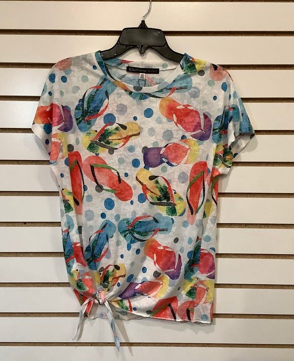Multi-Colored Flipflop Print, Burnout Tee W/Cap Sleeve and Side Tie by Clotheshead.
