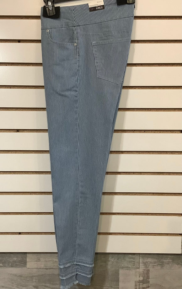 Slimsation White/Light Blue Pin Strip Pull On Ankle Pants w/Front and Rear Pockets and 3 Tier Fringe on Hem by Multiples.