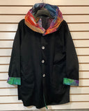 Multi-Colored Parisian Print Reversible to Solid Black, Rain Resistant Coat w/Accordion Hood by UBU.