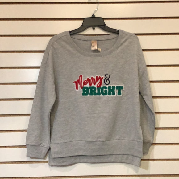 “Merry & Bright” Christmas Sweatshirt. Grey with Red and Green Letters.