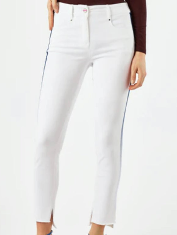 White 4-Pocket Jean w/Front Zipper and Blue Hombre Trim on Leg by Robell.