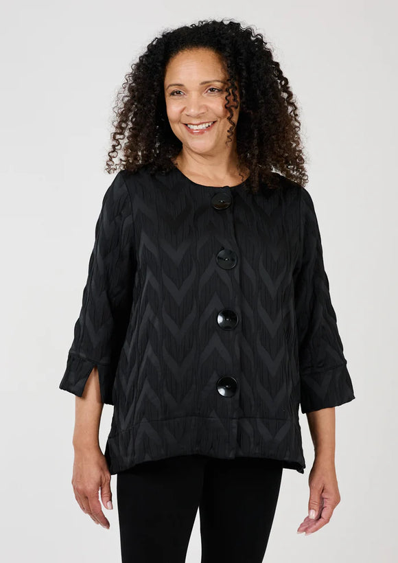 Black Tone on Tone Design, Round Neck, Button Front Jacket w/3/4 Cuffed Sleeves by Shannon Passero.