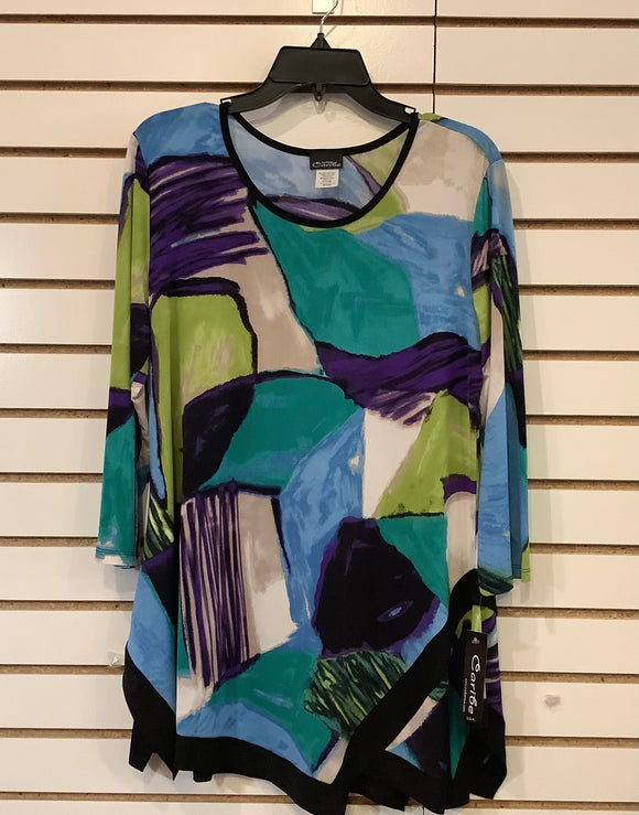Green/Blue/Purple Graphic Print, Round Neck, 3/4 Sleeve Tunic Top by Caribe