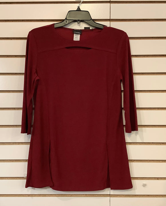 Burgundy Round Neck w/Cutout, Flared Tank Top w/ 3/4 Sleeve by Caribe