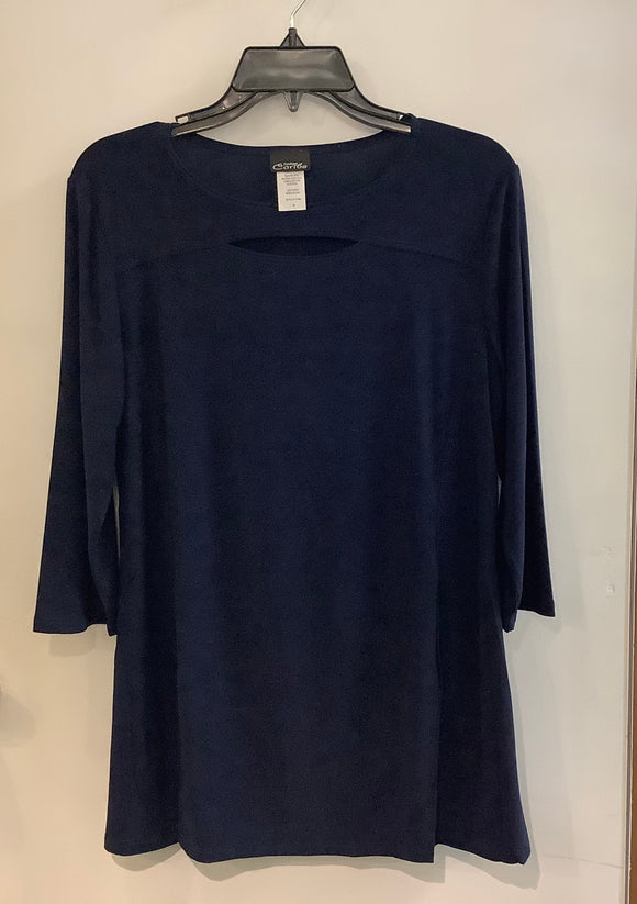 Blue Round Neck w/Cutout, Flared Tunic Top w/ 3/4 Sleeve by Caribe
