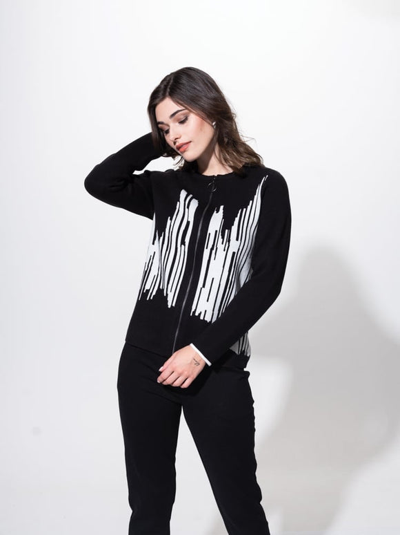 Black Zipper Front, Long Sleeve Jacket with Cream Skyline Graphic by Alison Sheri.