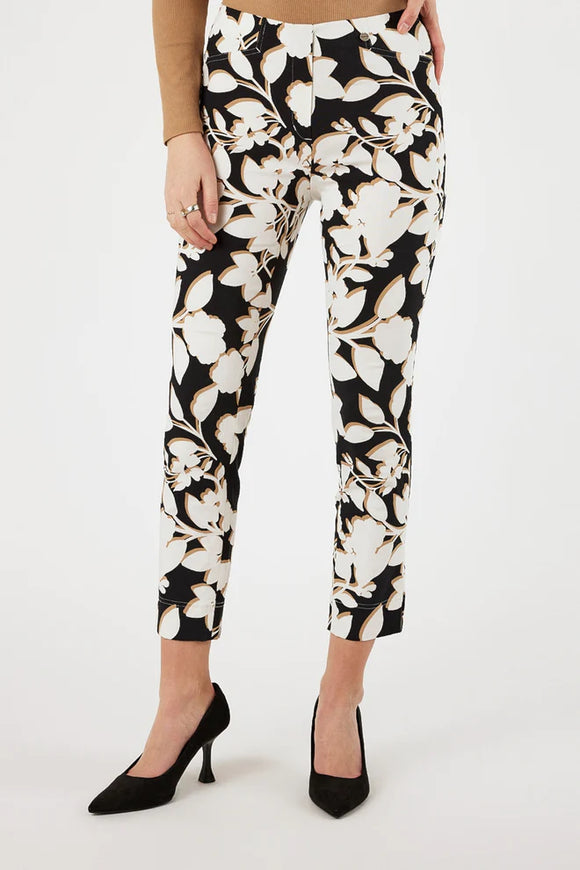 Black Pull-On Crop Pant w/White Floral Print by Robell