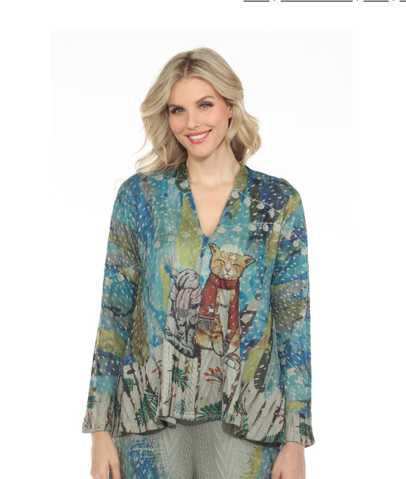 “ Meowy & Bright” Long Sleeve, V-Neck, Cat Print Top w/High/Lo Hem by Inoah.