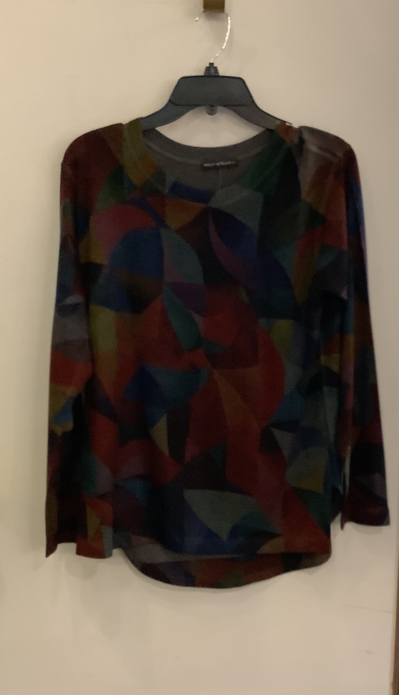 Multi-Colored, Blue, Fuchsia, Gold Jewel Tone Kaleidoscope Print,  Round Neck, Long Sleeve Knit Top w/High-Low Hem by Nallie and Millie.