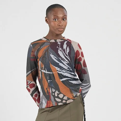 Multicolor Fall Shades of Burgundy, Olive and Tan Geometric print Scooped Neck With Side Tie Detail by Clara Sun Woo.