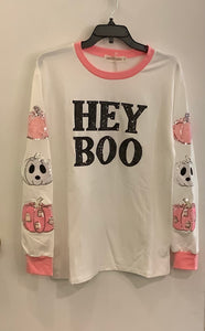 White Long Sleeve “Hey Boo” T-Shirt w/ Appliquéd Pink and White Sequin Pumpkins on Sleeve by Grace & Emma.