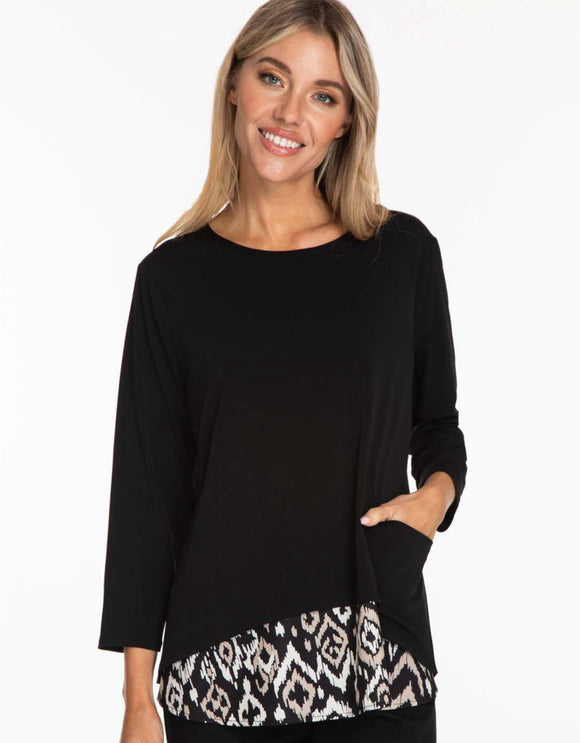 Black Layered Scoop Neck Top with Split Back and Black/Taupe/White Graphic Print Under Layer by Multiples.