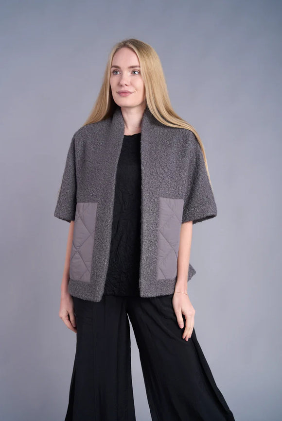 Solid Grey, Patch Pocket,Textured, Open Short Sleeved Jacket by Shana.