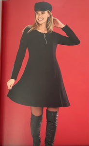 Super Soft Black Scoop Zippered Neck, Flared Dress w/ Black and White Chevron Cuff Accent By Dolcezza.