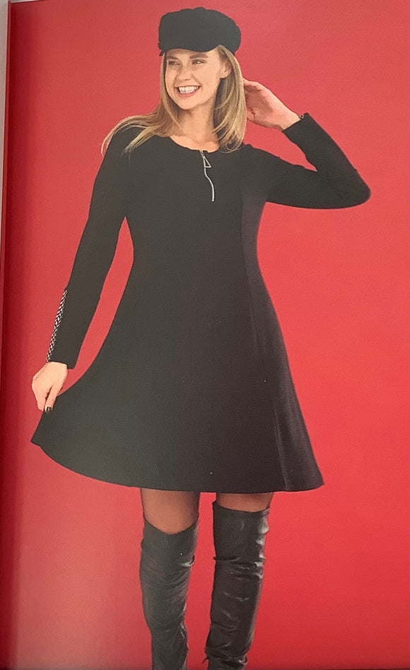 Super Soft Black Scoop Zippered Neck, Flared Dress w/ Black and White Chevron Cuff Accent By Dolcezza.