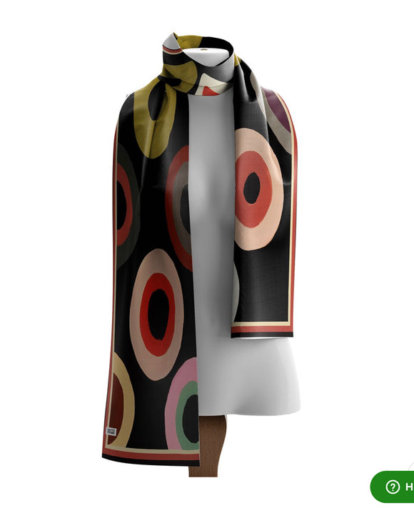 Black Multi-Colored Circle Print Scarf. Wearable Art!