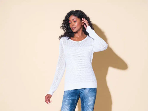 White Mixed Open Weave Round Neck, Long Sleeve Sweater by Alison Sheri.