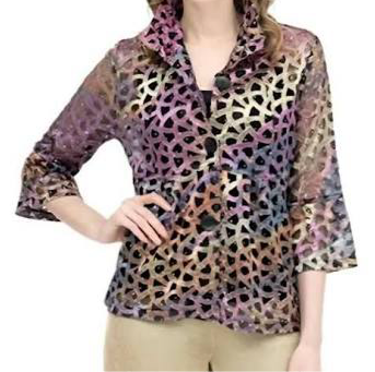 Jewel Tone Mesh Lattice Print, 3/4 Sleeve Jacket w/Stand up Wired Collar by Damee.