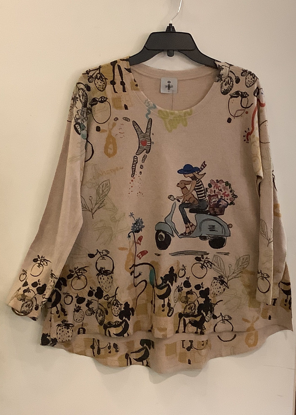 “Celine and Loui” Tan Background Multi-Colored Dog on a Scooter Print, Brushed Super Soft Scoop Neck, Long Sleeve Top by Inoah.