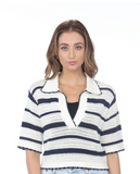 Navy Blue/White Nautical Inspired, Collared V-Neck Breathable Knit Short Sleeve Sweater by Rain and Rose.