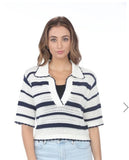 Navy Blue/White Nautical Inspired, Collared V-Neck Breathable Knit Short Sleeve Sweater by Rain and Rose.