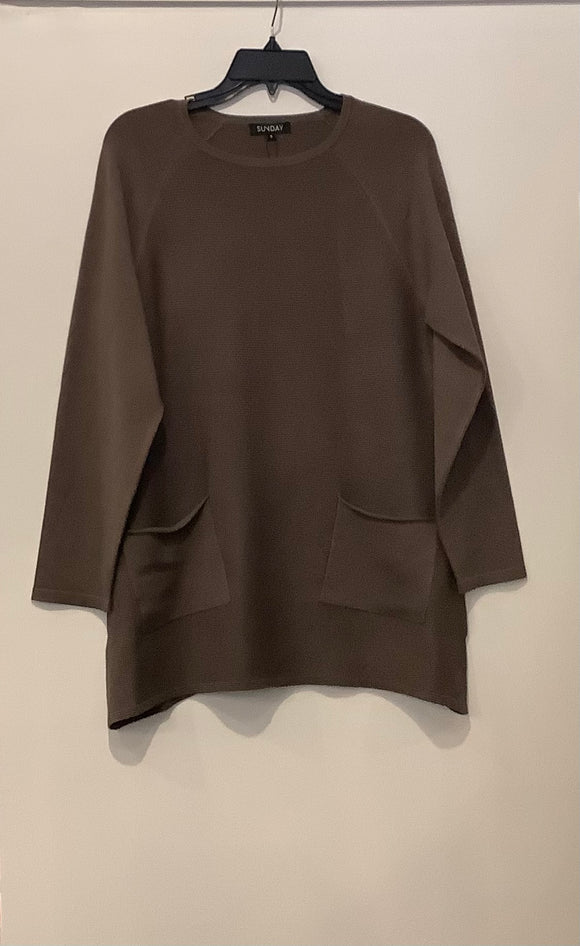 Dark Taupe Round Neck, Long Sleeve Tunic with Front Patch Pockets by Sunday.