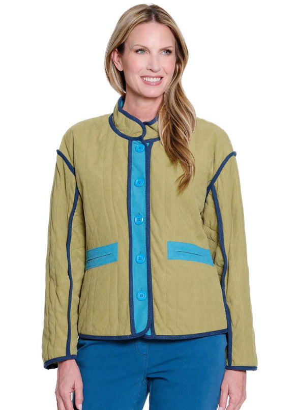 Lime Green Corduroy Button Front, Stand Up Collar Quilted Lined Jacket Trimmed in Teal/Aqua by Multiples.