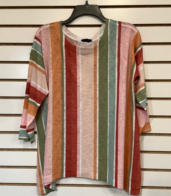 Olive/Orange Multi-Colored Stripe, Round Neck, 3/4 Raglan Sleeve Shirt by Nallie and Millie.