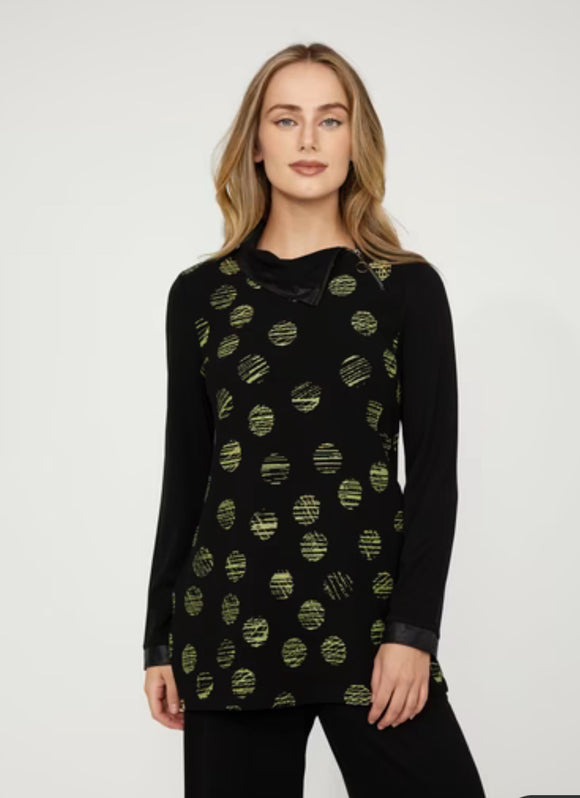Black Side Zipped Cowl Neck, Long Sleeve Tunic with Lime Green Circles and Faux Leather Trim on Collar and Sleeves By Dolcezza.