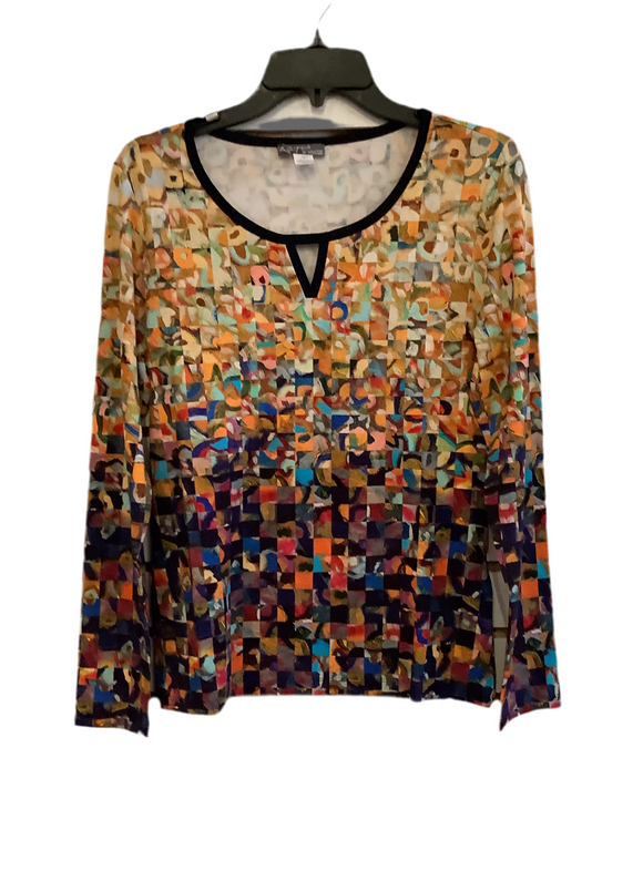 Multicolored Knit Pullover in Shades of Orange, Red, and Black with Black Trim on Neckline by Dolcezza.