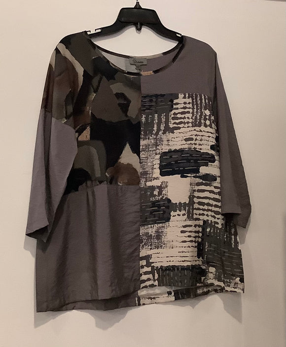 Shades of Grey/Black/Tan Mixed Prints, 3/4 Sleeve, Scooped Neck Top by Shana.