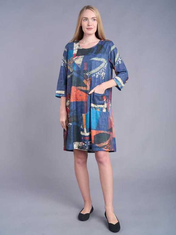 Multi-Colored Blue/Orange/Grey Graphic Print, Scoop Neck, Long Sleeve, Lined Dress w/Side Pocket by Shana.