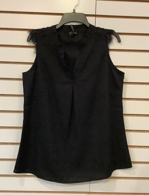 Black Silk V-Neck, Sleeveless Tank with a Wisp of Lace on Shoulder by Coco + Carmen