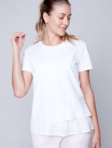 White Short Sleeve Top w/Embroidered Style Side Detail by Carre Noir.