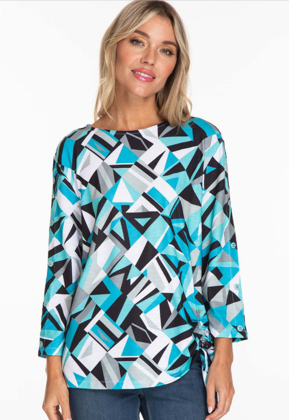 Aqua/Grey/White Round Neck, Geometric Print Top, Ruched Side and 3/4 Sleeve with Button Detailing, by Multiples.