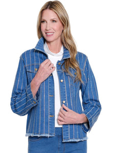 Lite Blue Lite Weight Denim Long Sleeve, Blinged Out Jacket w/Fringe Bottom by Multiples .