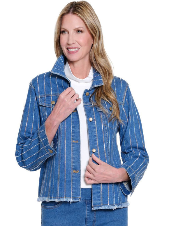 Lite Blue Lite Weight Denim Long Sleeve, Blinged Out Jacket w/Fringe Bottom by Multiples .