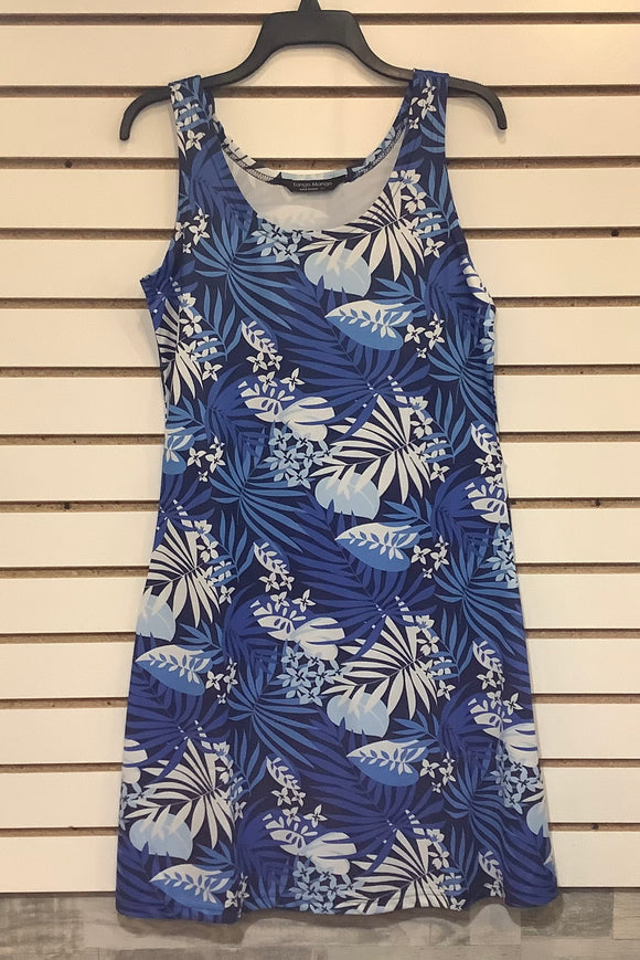 Shades of Blue Botanical Print, Sleeveless Scoop Neck Dress by Tango Mango.