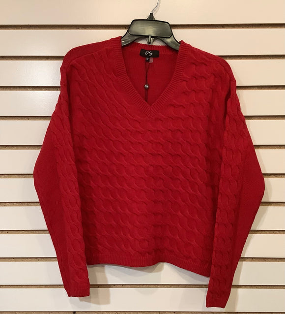 Red Cable Knit, V-Neck, Long Sleeve Sweater by Orly.