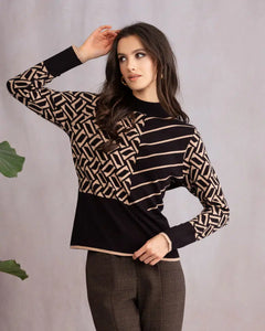 Black/Tan Multi Pattern, Mock TurtleNeck, Long Sleeve Sweater by Alison Sheri.