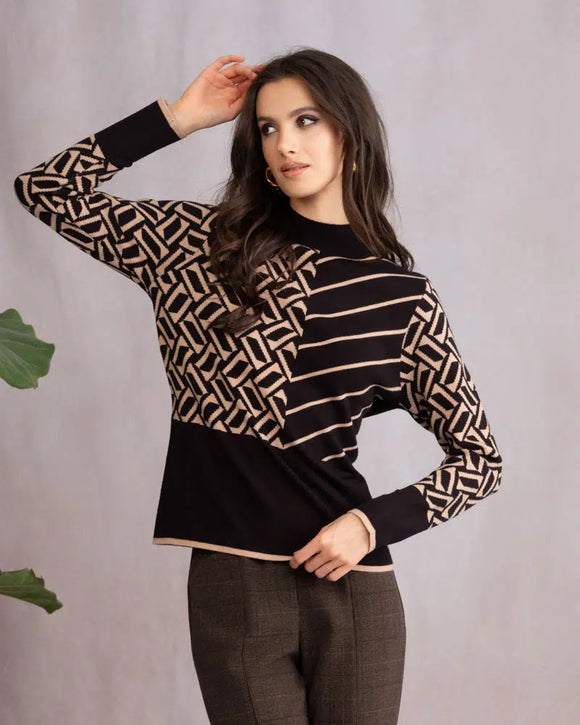 Black/Tan Multi Pattern, Mock TurtleNeck, Long Sleeve Sweater by Alison Sheri.