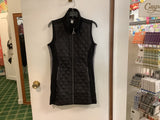 Black Draw String Neck, 3/4 Length Quilted Vest w/ Black and White Chevron Side Accent and Zippered Pockets By Dolcezza.