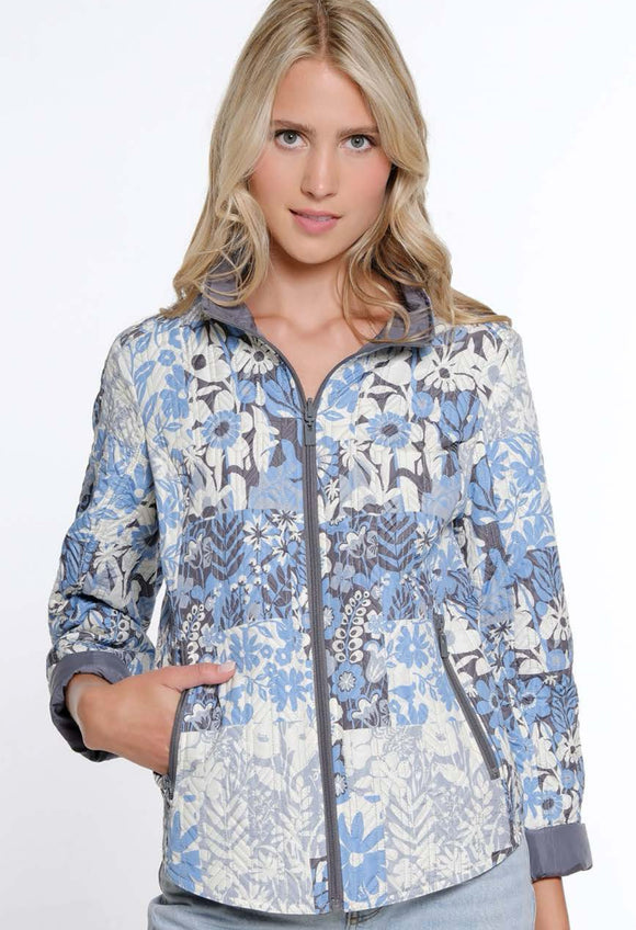 Blue/Grey/White Floral Print, Zipper Front Reversible Jacket w/Standup Collar and Zipper Front Pockets by Multiples.