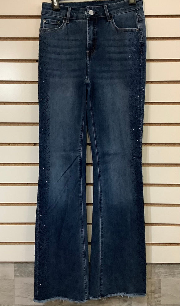 Medium Wash Denim Flared Jeans w/Blue Rhinestones on Side  Seam w/Front and Rear Pockets by Orly.