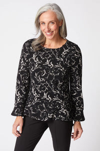 Black/Light Grey Scoop Neck, Jacquard Scroll Top w/Flounce on 3/4 Sleeve/Hem by Habitat.