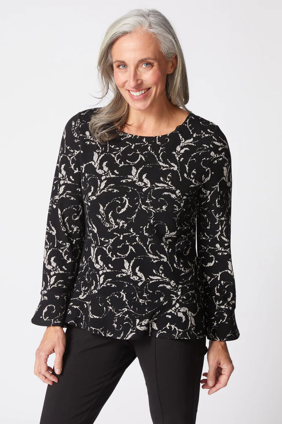 Black/Light Grey Scoop Neck, Jacquard Scroll Top w/Flounce on 3/4 Sleeve/Hem by Habitat.